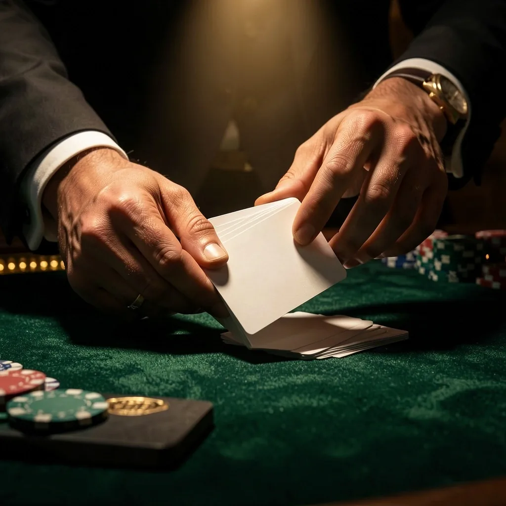 Krupier tasuje karty przy stole pokerowym