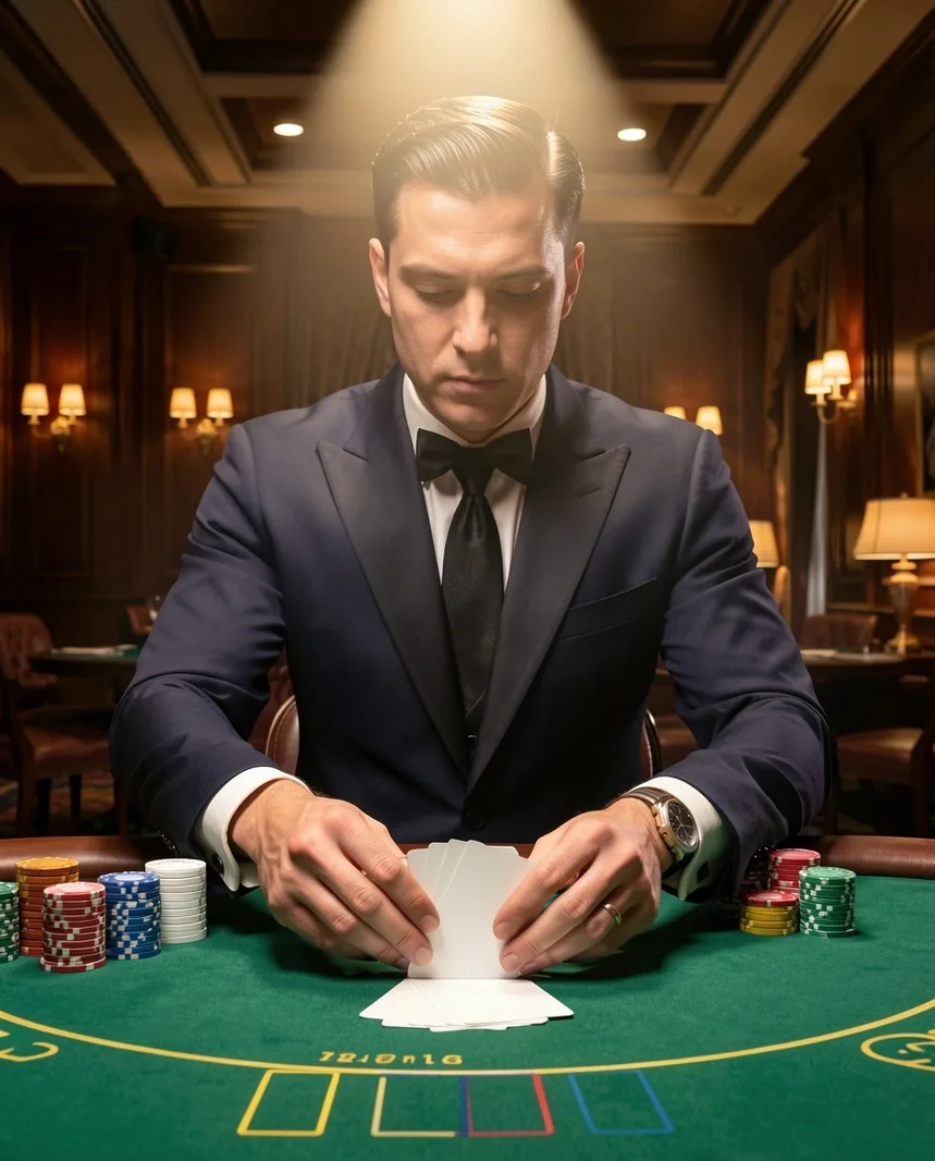 Krupier Averamont tasujący karty przy stole pokerowym